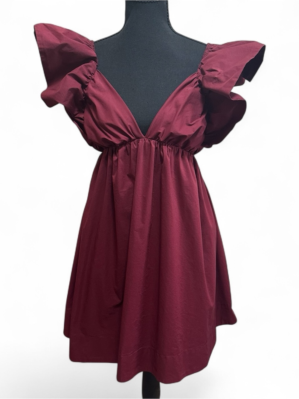 Day + Moon. Plunging V-Neck Ruffle Sleeve Mini Dress in Burgundy - Picture 3 of 6